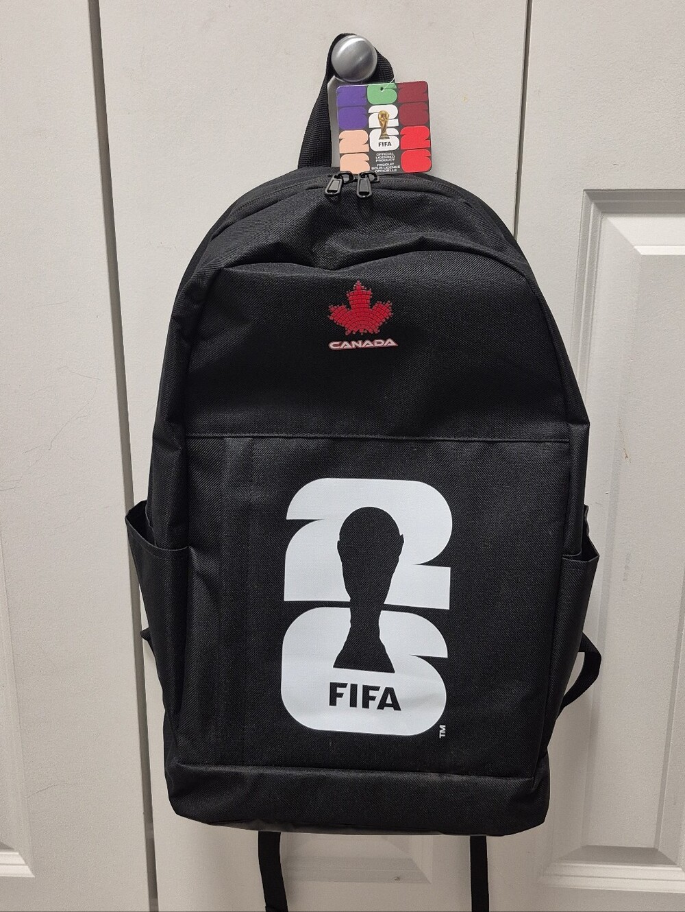 Black FIFA World Cup 2026 Team Canada Backpack featuring a red maple leaf logo.